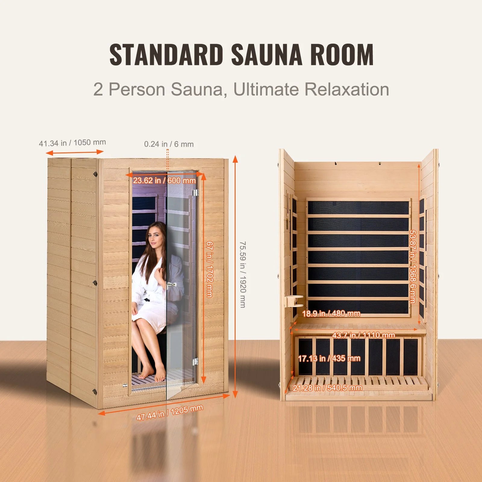 VEVOR Far Infrared Wooden Sauna, Room Home Sauna Spa for 2 Person 1800W